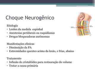 Choque Neurogênico
Etiologia
• Lesões da medula espinhal
• Anestesias peridurais ou raquidianas
• Drogas bloqueadoras autônomas
Manifestações clínicas
• Diminuição da PA
• Extremidades quentes acima da lesão, e frias, abaixo
Tratamento
• Infusão de cristalóides para restauração do volume
• Tratar a causa primária
 
