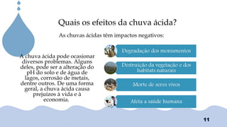 Chuvas Ácias
Quais os efeitos da chuva ácida?
As chuvas ácidas têm impactos negativos:
A chuva ácida pode ocasionar
diversos problemas. Alguns
deles, pode ser a alteração do
pH do solo e de água de
lagos, corrosão de metais,
dentre outros. De uma forma
geral, a chuva ácida causa
prejuízos à vida e à
economia.
11
 