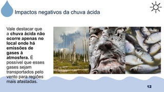 Impactos negativos da chuva ácida
12
Vale destacar que
a chuva ácida não
ocorre apenas no
local onde há
emissões de
gases à
atmosfera. É
possível que esses
gases sejam
transportados pelo
vento para regiões
mais afastadas.
 