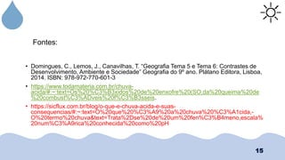 15
• Domingues, C., Lemos, J., Canavilhas, T. “Geografia Tema 5 e Tema 6: Contrastes de
Desenvolvimento, Ambiente e Sociedade” Geografia do 9º ano. Plátano Editora, Lisboa,
2014. ISBN: 978-972-770-601-3
• https://www.todamateria.com.br/chuva-
acida/#:~:text=Os%20%C3%B3xidos%20de%20enxofre%20(SO,da%20queima%20de
%20combust%C3%ADveis%20f%C3%B3sseis.
• https://sicflux.com.br/blog/o-que-e-chuva-acida-e-suas-
consequencias/#:~:text=O%20que%20%C3%A9%20a%20chuva%20%C3%A1cida,-
O%20termo%20chuva&text=Trata%2Dse%20de%20um%20fen%C3%B4meno,escala%
20num%C3%A9rica%20conhecida%20como%20pH
Fontes:
 