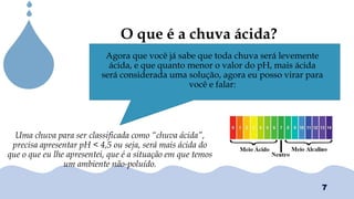 Chuvas Ácias
O que é a chuva ácida?
Uma chuva para ser classificada como “chuva ácida”,
precisa apresentar pH < 4,5 ou seja, será mais ácida do
que o que eu lhe apresentei, que é a situação em que temos
um ambiente não-poluído.
Agora que você já sabe que toda chuva será levemente
ácida, e que quanto menor o valor do pH, mais ácida
será considerada uma solução, agora eu posso virar para
você e falar:
7
 