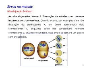 Erros na meiose
Não-disjunção Anáfase I
66
As não disjunções levam à formação de células com número
incorreto de cromossomos. Quando ocorre, por exemplo, uma não
disjunção do cromossomo X, um óvulo apresentará dois
cromossomos X, enquanto outro não apresentará nenhum
cromossomo X. Quando fecundado, esse ovulo se tornará um zigoto
com aneuploidia.
 