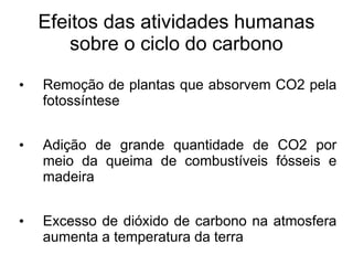Efeitos das atividades humanas
sobre o ciclo do carbono
• Remoção de plantas que absorvem CO2 pela
fotossíntese
• Adição de grande quantidade de CO2 por
meio da queima de combustíveis fósseis e
madeira
• Excesso de dióxido de carbono na atmosfera
aumenta a temperatura da terra
 
