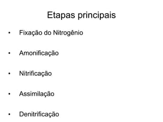 Etapas principais
• Fixação do Nitrogênio
• Amonificação
• Nitrificação
• Assimilação
• Denitrificação
 