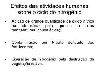 Efeitos das atividades humanas
sobre o ciclo do nitrogênio
• Adição de grande quantidade de óxido nítrico
na atmosfera pela queima a altas
temperaturas (chuva ácida);
• Contaminação por Nitrato derivado dos
fertilizantes;
• Liberação de nitrogênio pela destruição da
vegetação nativa.
 