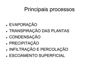 Principais processos
 EVAPORAÇÃO
 TRANSPIRAÇÃO DAS PLANTAS
 CONDENSAÇÃO
 PRECIPITAÇÃO
 INFILTRAÇÃO E PERCOLAÇÃO
 ESCOAMENTO SUPERFICIAL
 
