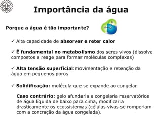 Porque a água é tão importante?
✓ Alta capacidade de absorver e reter calor
✓ É fundamental no metabolismo dos seres vivos (dissolve
compostos e reage para formar moléculas complexas)
✓ Alta tensão superficial:movimentação e retenção da
água em pequenos poros
✓ Solidificação: molécula que se expande ao congelar
Caso contrário: gelo afundaria e congelaria reservatórios
de água líquida de baixo para cima, modificaria
drasticamente os ecossistemas (células vivas se romperiam
com a contração da água congelada).
Importância da água
 