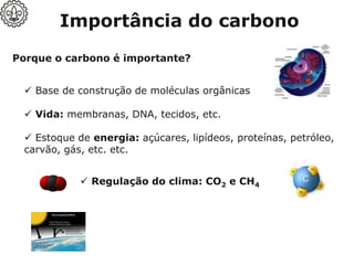 Importância do carbono
Porque o carbono é importante?
✓ Base de construção de moléculas orgânicas
✓ Vida: membranas, DNA, tecidos, etc.
✓ Estoque de energia: açúcares, lipídeos, proteínas, petróleo,
carvão, gás, etc. etc.
✓ Regulação do clima: CO2 e CH4
Efeito estufa: importante para manutenção da
temperatura, aquecimento da Biosfera
 