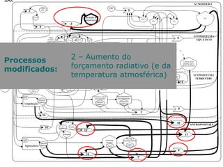 Processos
modificados:
7´: Decomposição de
resíduos da economia
12- Decomposição de
M.O. do solo
9´: Respiração/emissão
CO2 da economia
16- Queima de resíduos
agrícolas (palha da cana)
17- Queima de carbono
em combustíveis fósseis
18 – Mudança de uso da
terra (eliminar vegetação
nativa)
2 – Aumento do
forçamento radiativo (e da
temperatura atmosférica)
 
