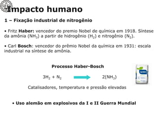 1 – Fixação industrial de nitrogênio
• Fritz Haber: vencedor do premio Nobel de química em 1918. Síntese
da amônia (NH3) a partir de hidrogênio (H2) e nitrogênio (N2).
• Carl Bosch: vencedor do prêmio Nobel da química em 1931: escala
industrial na síntese de amônia.
• Uso alemão em explosivos da I e II Guerra Mundial
Processo Haber-Bosch
3H2 + N2 2(NH3)
Catalisadores, temperatura e pressão elevadas
Impacto humano
 