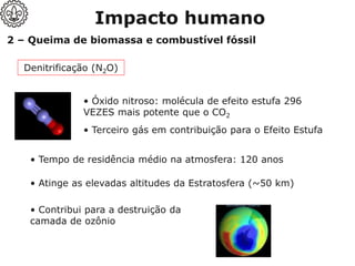 Denitrificação (N2O)
• Óxido nitroso: molécula de efeito estufa 296
VEZES mais potente que o CO2
• Terceiro gás em contribuição para o Efeito Estufa
• Tempo de residência médio na atmosfera: 120 anos
• Atinge as elevadas altitudes da Estratosfera (~50 km)
• Contribui para a destruição da
camada de ozônio
2 – Queima de biomassa e combustível fóssil
Impacto humano
 