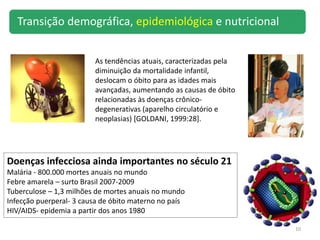 10
Transição demográfica, epidemiológica e nutricional
As tendências atuais, caracterizadas pela
diminuição da mortalidade infantil,
deslocam o óbito para as idades mais
avançadas, aumentando as causas de óbito
relacionadas às doenças crônico-
degenerativas (aparelho circulatório e
neoplasias) [GOLDANI, 1999:28].
Doenças infecciosa ainda importantes no século 21
Malária - 800.000 mortes anuais no mundo
Febre amarela – surto Brasil 2007-2009
Tuberculose – 1,3 milhões de mortes anuais no mundo
Infecção puerperal- 3 causa de óbito materno no país
HIV/AIDS- epidemia a partir dos anos 1980
 