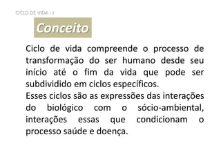 Ciclo de vida compreende o processo de
transformação do ser humano desde seu
início até o fim da vida que pode ser
subdividido em ciclos específicos.
Esses ciclos são as expressões das interações
do biológico com o sócio-ambiental,
interações essas que condicionam o
processo saúde e doença.
Conceito
CICLO DE VIDA - I
 