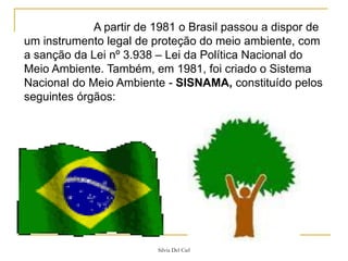 Silvia Del Ciel
A partir de 1981 o Brasil passou a dispor de
um instrumento legal de proteção do meio ambiente, com
a sanção da Lei nº 3.938 – Lei da Política Nacional do
Meio Ambiente. Também, em 1981, foi criado o Sistema
Nacional do Meio Ambiente - SISNAMA, constituído pelos
seguintes órgãos:
 