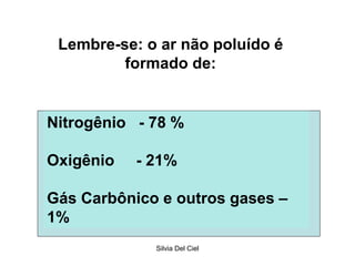 Silvia Del Ciel
Lembre-se: o ar não poluído é
formado de:
Nitrogênio - 78 %
Oxigênio - 21%
Gás Carbônico e outros gases –
1%
 