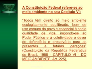 Silvia Del Ciel
A Constituição Federal refere-se ao
meio ambiente no seu Capitulo VI:
“Todos têm direito ao meio ambiente
ecologicamente equilibrado, bem de
uso comum do povo e essencial à sadia
qualidade de vida, impondo-se ao
Poder Público e à coletividade o dever
de defendê-lo e preservá-lo para as
presentes e futuras gerações”
(Constituição da República Federativa
do Brasil, 1988 - CAPÍTULO VI - DO
MEIO AMBIENTE, Art. 225).
 