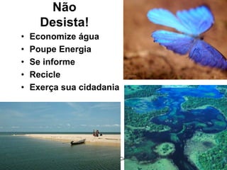 Silvia Del Ciel
Não
Desista!
• Economize água
• Poupe Energia
• Se informe
• Recicle
• Exerça sua cidadania
 