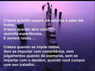 Silvia Del Ciel
Cresce quando supera, se valoriza e sabe dar
frutos.
Cresce quando abre caminho,
assimila experiências...
E semeia raízes….
Cresce quando se impõe metas,
Sem se importar com comentários, nem
julgamentos quando dá exemplos, sem se
importar com o desdém, quando você cumpre
com seu trabalho..
 