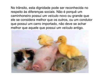 Silvia Del Ciel
No trânsito, esta dignidade pode ser reconhecida no
respeito às diferenças sociais. Não é porquê um
caminhoneiro possui um veículo novo ou grande que
ele se considera melhor que os outros, ou um condutor
que possui um carro importado, não deve se achar
melhor que aquele que possui um veículo antigo.
 