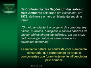 Silvia Del Ciel
Na Conferência das Nações Unidas sobre o
Meio Ambiente celebrada em Estocolmo, em
1972, definiu-se o meio ambiente da seguinte
forma:
"O meio ambiente é o conjunto de componentes
físicos, químicos, biológicos e sociais capazes de
causar efeitos diretos ou indiretos, em um prazo
curto ou longo, sobre os seres vivos e as
atividades humanas.“
O ambiente natural se contrasta com o ambiente
construído, que compreende as áreas e
componentes que foram fortemente influenciados
pelo homem.
 