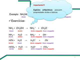 Exemplo: NH2NH2 + H2O → NH2NH3
+ + OH
(base) (ácido) (ácido conjugado) (base conjugada)
 Exercícios:
NH3 + CH3OH → NH4
+ ...