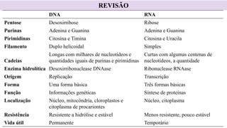 DNA RNA
Pentose Desoxirribose Ribose
Purinas Adenina e Guanina Adenina e Guanina
Pirimidinas Citosina e Timina Citosina e Uracila
Filamento Duplo helicoidal Simples
Cadeias
Longas com milhares de nucleotídeos e
quantidades iguais de purinas e pirimidinas
Curtas com algumas centenas de
nucleotídeos, a quantidade
Enzima hidrolítica Desoxirribonuclease DNAase Ribonuclease RNAase
Origem Replicação Transcrição
Forma Uma forma básica Três formas básicas
Função Informações genéticas Síntese de proteínas
Localização Núcleo, mitocôndria, cloroplastos e
citoplasma de procariontes
Núcleo, citoplasma
Resistência Resistente a hidrólise e estável Menos resistente, pouco estável
Vida útil Permanente Temporário
REVISÃO
 