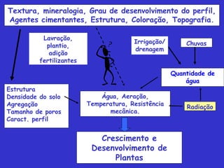 Textura, mineralogia, Grau de desenvolvimento do perfil,
Agentes cimentantes, Estrutura, Coloração, Topografia.
Estrutura
Densidade do solo
Agregação
Tamanho de poros
Caract. perfil
Lavração,
plantio,
adição
fertilizantes
ChuvasIrrigação/
drenagem
Radiação
Água, Aeração,
Temperatura, Resistência
mecânica.
Crescimento e
Desenvolvimento de
Plantas
Quantidade de
água
 