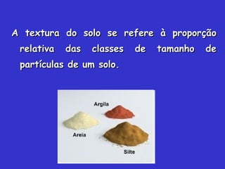 A textura do solo se refere à proporçãoA textura do solo se refere à proporção
relativa das classes de tamanho derelativa das classes de tamanho de
partículas de um solo.partículas de um solo.
 