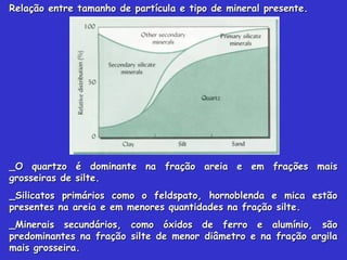 Relação entre tamanho de partícula e tipo de mineral presente.Relação entre tamanho de partícula e tipo de mineral presente.
_O quartzo é dominante na fração areia e em frações mais_O quartzo é dominante na fração areia e em frações mais
grosseiras de silte.grosseiras de silte.
_Silicatos primários como o feldspato, hornoblenda e mica estão_Silicatos primários como o feldspato, hornoblenda e mica estão
presentes na areia e em menores quantidades na fração silte.presentes na areia e em menores quantidades na fração silte.
_Minerais secundários, como óxidos de ferro e alumínio, são_Minerais secundários, como óxidos de ferro e alumínio, são
predominantes na fração silte de menor diâmetro e na fração argilapredominantes na fração silte de menor diâmetro e na fração argila
mais grosseira.mais grosseira.
 