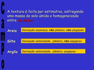 A textura é feita por estimativa, esfregandoA textura é feita por estimativa, esfregando
uma massa de solo úmida e homogeneizadauma massa de solo úmida e homogeneizada
entreentre os dedosos dedos
AreiaAreia
SilteSilte
ArgilaArgila
Sensação aspereza, não plástico, não pegajoso
Sensação sedosidade, plástico, não pegajoso
Sensação sedosidade, plástico, pegajoso
 