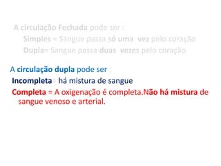 A circulação Fechada pode ser :
   Simples = Sangue passa só uma vez pelo coração
   Dupla= Sangue passa duas vezes pelo coração

A circulação dupla pode ser :
Incompleta= há mistura de sangue
Completa = A oxigenação é completa.Não há mistura de
  sangue venoso e arterial.
 