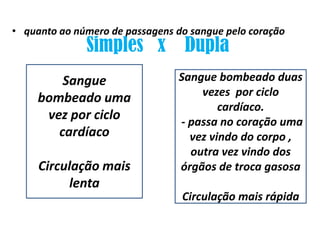 • quanto ao número de passagens do sangue pelo coração
              Simples x Dupla
         Sangue                  Sangue bombeado duas
                                     vezes por ciclo
     bombeado uma
                                         cardíaco.
      vez por ciclo              - passa no coração uma
        cardíaco                   vez vindo do corpo ,
                                   outra vez vindo dos
     Circulação mais             órgãos de troca gasosa
          lenta
                                 Circulação mais rápida
 