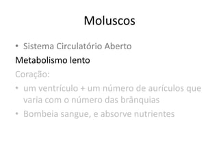 Moluscos
• Sistema Circulatório Aberto
Metabolismo lento
Coração:
• um ventrículo + um número de aurículos que
  varia com o número das brânquias
• Bombeia sangue, e absorve nutrientes
 