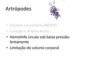 Artrópodes

• Sistema circulatório ABERTO
• Coração e Artéria Aorta
• Hemolinfa circula sob baixa pressão-
  lentamente
• Limitação do volume corporal
 