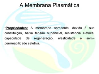 A Membrana Plasmática
•Propriedades:Propriedades: A membrana apresenta, devido à sua
constituição, baixa tensão superficial, resistência elétrica,
capacidade de regeneração, elasticidade e semi-
permeabilidade seletiva.
 