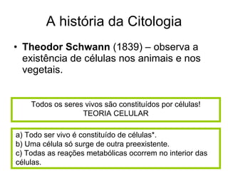 A história da Citologia Theodor Schwann  (1839) – observa a existência de células nos animais e nos vegetais. Todos os seres vivos são constituídos por células! TEORIA CELULAR a) Todo ser vivo é constituído de células*. b) Uma célula só surge de outra preexistente. c) Todas as reações metabólicas ocorrem no interior das células. 