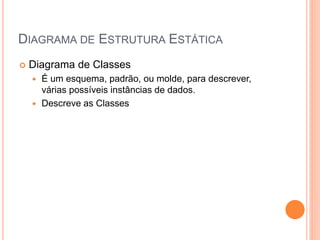 DIAGRAMA DE ESTRUTURA ESTÁTICA
   Diagrama de Classes
     É um esquema, padrão, ou molde, para descrever,
      várias possíveis instâncias de dados.
     Descreve as Classes
 