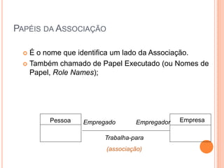 PAPÉIS DA ASSOCIAÇÃO

   É o nome que identifica um lado da Associação.
   Também chamado de Papel Executado (ou Nomes de
    Papel, Role Names);




         Pessoa   Empregado       Empregador   Empresa

                        Trabalha-para
                        (associação)
 