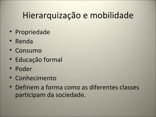 Hierarquização e mobilidade Propriedade Renda Consumo Educação formal Poder  Conhecimento Definem a forma como as diferentes classes participam da sociedade. 