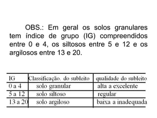 OBS.: Em geral os solos granulares
tem índice de grupo (IG) compreendidos
entre 0 e 4, os siltosos entre 5 e 12 e os
argilosos entre 13 e 20.
 