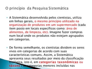 A Sistemática desenvolvida pelos cientistas, utiliza em linhas gerais,  o mesmo princípio utilizado na organização de produtos em um supermercado  (cada item posto em locais específicos como:  área de alimentos, de limpeza, etc).  Imagine fazer compras num local onde os produtos não estejam agrupados em categorias. De forma semelhante, os cientistas dividem os seres vivos em categorias de acordo com suas características comuns. Assim, a Sistemática apresenta seus resultados por meio da classificação biológica, isto é, em  categorias taxonômicas  ou  táxons  ( as categorias menores incluídas nas maiores). 