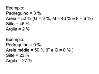 Exemplo:
Pedregulho = 3 %
Areia = 52 % (G = 3 %, M = 46 % e F = 6 %)
Silte = 46 %
Argila = 2 %
Exemplo:
Pedregulho = 0 %
Areia média = 50 % (F e G = 0 % )
Silte = 23 %
Argila = 27 %
 