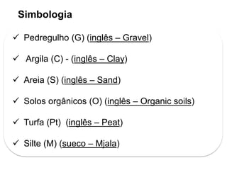  Pedregulho (G) (inglês – Gravel)
 Argila (C) - (inglês – Clay)
 Areia (S) (inglês – Sand)
 Solos orgânicos (O) (inglês – Organic soils)
 Turfa (Pt) (inglês – Peat)
 Silte (M) (sueco – Mjala)
Simbologia
 