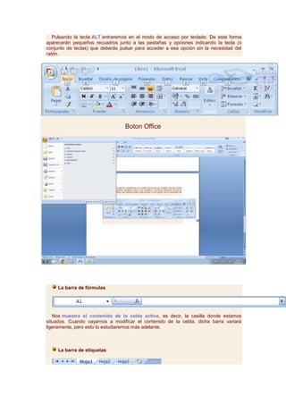 Pulsando la tecla ALT entraremos en el modo de acceso por teclado. De esta forma
aparecerán pequeños recuadros junto a las pestañas y opciones indicando la tecla (o
conjunto de teclas) que deberás pulsar para acceder a esa opción sin la necesidad del
ratón.




                                  Boton Office




     La barra de fórmulas




   Nos muestra el contenido de la celda activa, es decir, la casilla donde estamos
situados. Cuando vayamos a modificar el contenido de la celda, dicha barra variará
ligeramente, pero esto lo estudiaremos más adelante.



     La barra de etiquetas
 