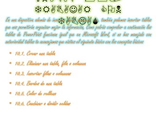 UNIDAD 10.
TRABAJAR CON
TABLASEn una diapositiva además de insertar texto, gráficos, etc. también podemos insertar tablas
que nos permitirán organizar mejor la información. Como podrás comprobar a continuación las
tablas de PowerPoint funcionan igual que en Microsoft Word, si no has manejado con
anterioridad tablas te aconsejamos que visites el siguiente básico con los conceptos básicos
 