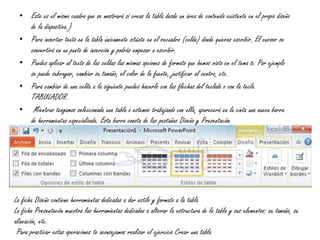 • Este es el mismo cuadro que se mostrará si creas la tabla desde un área de contenido existente en el propio diseño
de la diapositiva.}
• Para insertar texto en la tabla únicamente sitúate en el recuadro (celda) donde quieras escribir. El cursor se
convertirá en un punto de inserción y podrás empezar a escribir.
• Puedes aplicar al texto de las celdas las mismas opciones de formato que hemos visto en el tema 6. Por ejemplo
se puede subrayar, cambiar su tamaño, el color de la fuente, justificar al centro, etc.
• Para cambiar de una celda a la siguiente puedes hacerlo con las flechas del teclado o con la tecla
TABULADOR.
• Mientras tengamos seleccionada una tabla o estemos trabajando con ella, aparecerá en la cinta una nueva barra
de herramientas especializada. Esta barra consta de las pestañas Diseño y Presentación.
La ficha Diseño contiene herramientas dedicadas a dar estilo y formato a la tabla
La ficha Presentación muestra las herramientas dedicadas a alterar la estructura de la tabla y sus elementos: su tamaño, su
alineación, etc.
Para practicar estas operaciones te aconsejamos realizar el ejercicio Crear una tabla
 