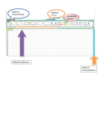 BARRA DE
ACCESO RAPIDO

BARRA DE
TITULO

ELEMENTOS
DE EXCEL

BARRA DE FORMULAS
BARRA DE
DESPLAZAMIENTO

 