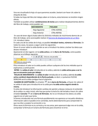 Una vez visualizada la hoja a la que queremos acceder, bastará con hacer clic sobre la
etiqueta de ésta.
Si todas las hojas del libro de trabajo caben en la barra, estos botones no tendrán ningún
efecto.
También se pueden utilizar combinaciones de teclas para realizar desplazamientos dentro
del libro de trabajo, como pueden ser:
MOVIMIENTO
TECLADO
Hoja Siguiente

CTRL+AVPAG

Hoja Anterior
CTRL+REPAG
En caso de tener alguna duda sobre los distintos métodos de movimiento dentro de un
libro de trabajo, sería aconsejable realizar el Ejercicio de desplazamiento en un libro.
2.4. Introducir datos
En cada una de las celdas de la hoja, es posible introducir textos, números o fórmulas. En
todos los casos, los pasos a seguir serán los siguientes:
Situar el cursor sobre la celda donde se van a introducir los datos y teclear los datos que
desees introducir.
Aparecerán en dos lugares: en la celda activa y en la Barra de Fórmulas, como puedes
observar en el dibujo siguiente:

Para introducir el valor en la celda puedes utilizar cualquiera de los tres métodos que te
explicamos a continuación:
INTRO: Se valida el valor introducido en la celda y además la celda activa pasa a ser la
que se encuentra justo por debajo.
TECLAS DE MOVIMIENTO: Se valida el valor introducido en la celda y además la celda
activa cambiará dependiendo de la flecha pulsada, es decir, si pulsamos FLECHA
DERECHA será la celda contigua hacia la derecha.
CUADRO DE ACEPTACIÓN: Es el botón
de la barra de fórmulas, al hacer clic sobre él
se valida el valor para introducirlo en la celda pero la celda activa seguirá siendo la
misma.
Si antes de introducir la información cambias de opinión y deseas restaurar el contenido
de la celda a su valor inicial, sólo hay que pulsar la tecla Esc del teclado o hacer clic sobre
el botón Cancelar
de la barra de fórmulas. Así no se introducen los datos y la celda
seguirá con el valor que tenía.
Si hemos introducido mal una fórmula posiblemente nos aparezca un recuadro dándonos
información sobre el posible error cometido, leerlo detenidamente para comprender lo
que nos dice y aceptar la corrección o no.
Otras veces la fórmula no es correcta y no nos avisa, pero aparecerá algo raro en la celda,
comprobar la fórmula en la barra de fórmulas para encontrar el error.

 