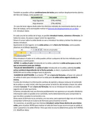 También se pueden utilizar combinaciones de teclas para realizar desplazamientos dentro
del libro de trabajo, como pueden ser:
MOVIMIENTO
TECLADO
Hoja Siguiente

CTRL+AVPAG

Hoja Anterior
CTRL+REPAG
En caso de tener alguna duda sobre los distintos métodos de movimiento dentro de un
libro de trabajo, sería aconsejable realizar el Ejercicio de desplazamiento en un libro.
2.4. Introducir datos
En cada una de las celdas de la hoja, es posible introducir textos, números o fórmulas. En
todos los casos, los pasos a seguir serán los siguientes:
Situar el cursor sobre la celda donde se van a introducir los datos y teclear los datos que
desees introducir.
Aparecerán en dos lugares: en la celda activa y en la Barra de Fórmulas, como puedes
observar en el dibujo siguiente:

Para introducir el valor en la celda puedes utilizar cualquiera de los tres métodos que te
explicamos a continuación:
INTRO: Se valida el valor introducido en la celda y además la celda activa pasa a ser la
que se encuentra justo por debajo.
TECLAS DE MOVIMIENTO: Se valida el valor introducido en la celda y además la celda
activa cambiará dependiendo de la flecha pulsada, es decir, si pulsamos FLECHA
DERECHA será la celda contigua hacia la derecha.
CUADRO DE ACEPTACIÓN: Es el botón
de la barra de fórmulas, al hacer clic sobre él
se valida el valor para introducirlo en la celda pero la celda activa seguirá siendo la
misma.
Si antes de introducir la información cambias de opinión y deseas restaurar el contenido
de la celda a su valor inicial, sólo hay que pulsar la tecla Esc del teclado o hacer clic sobre
el botón Cancelar
de la barra de fórmulas. Así no se introducen los datos y la celda
seguirá con el valor que tenía.
Si hemos introducido mal una fórmula posiblemente nos aparezca un recuadro dándonos
información sobre el posible error cometido, leerlo detenidamente para comprender lo
que nos dice y aceptar la corrección o no.
Otras veces la fórmula no es correcta y no nos avisa, pero aparecerá algo raro en la celda,
comprobar la fórmula en la barra de fórmulas para encontrar el error.
En ocasiones, es posible que nos interese introducir varias líneas dentro de una misma
celda, pero al pulsar INTRO para realizar el salto de línea lo que ocurre es que se valida el
valor y pasamos a la celda inferior. Para que esto no ocurra deberemos pulsar ALT+INTRO.
2.5. Modificar datos

 
