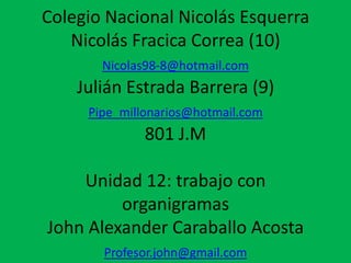 Colegio Nacional Nicolás Esquerra
   Nicolás Fracica Correa (10)
       Nicolas98-8@hotmail.com
    Julián Estrada Barrera (9)
     Pipe_millonarios@hotmail.com
              801 J.M

    Unidad 12: trabajo con
         organigramas
John Alexander Caraballo Acosta
       Profesor.john@gmail.com
 